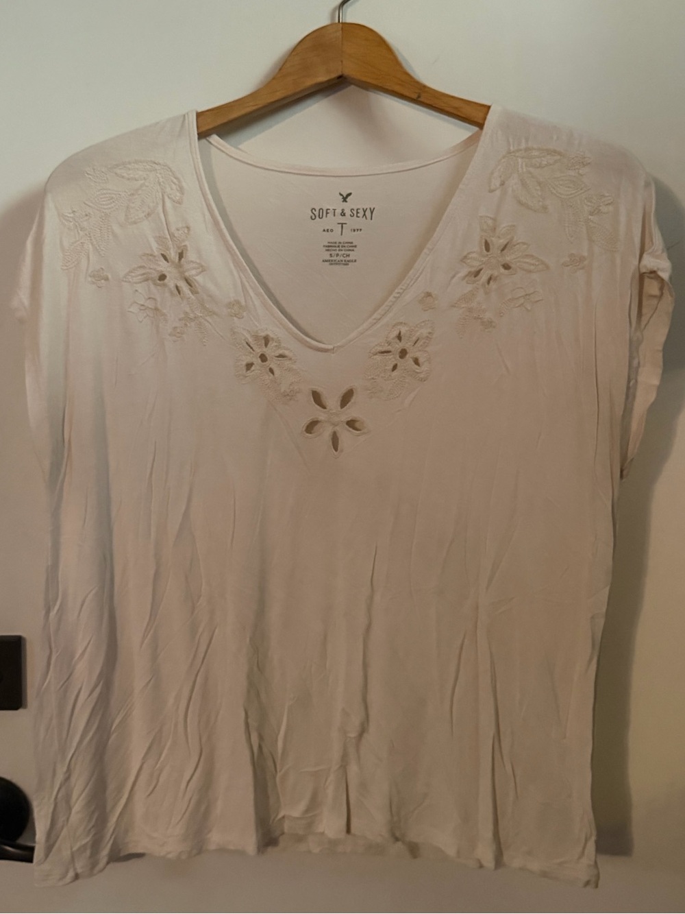 Off-White “Soft & Sexy T” V-Neck Top with Floral Embroidery around the neck